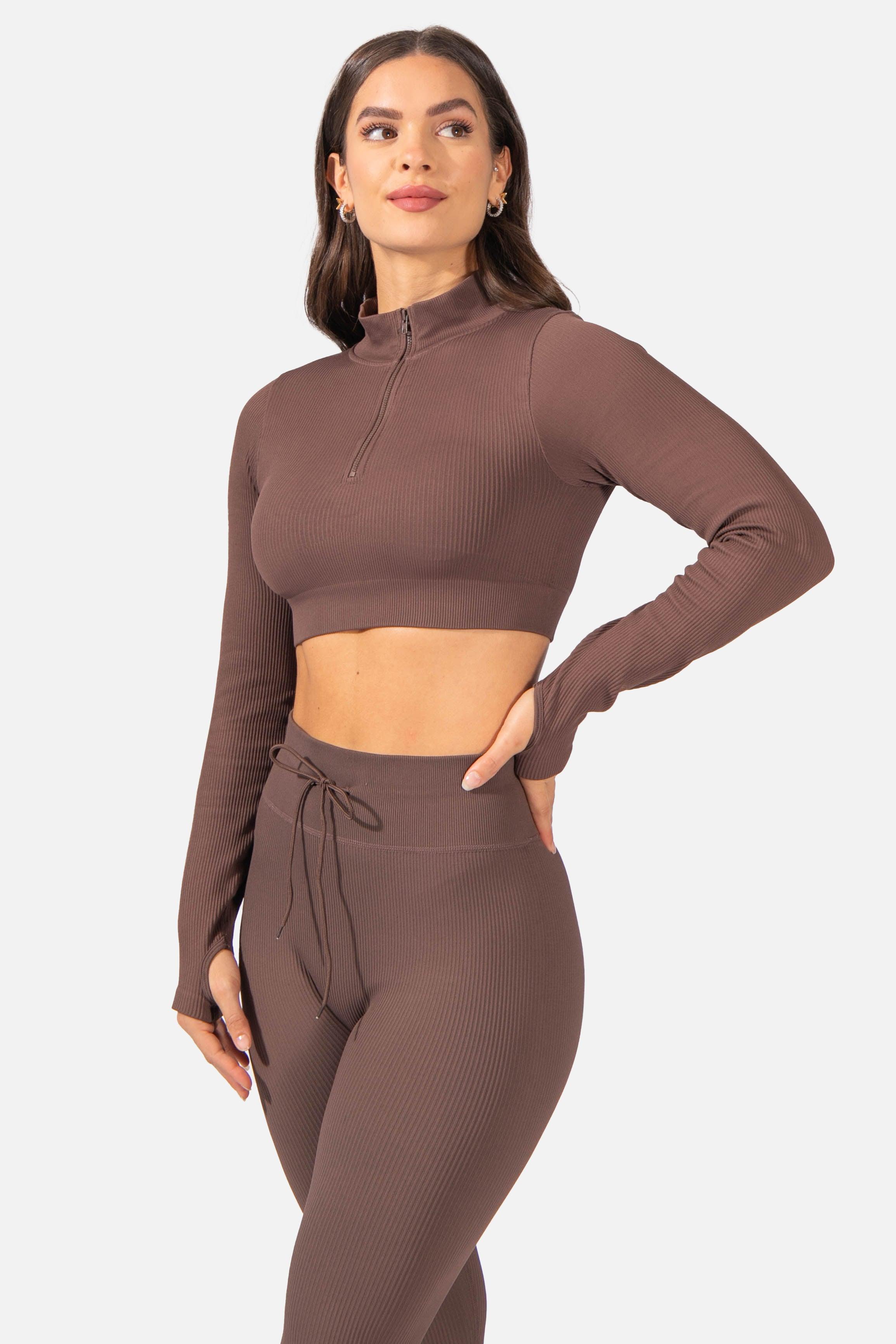Valentina Seamless Ribbed Long Sleeve Crop Top - Brown – Jed North