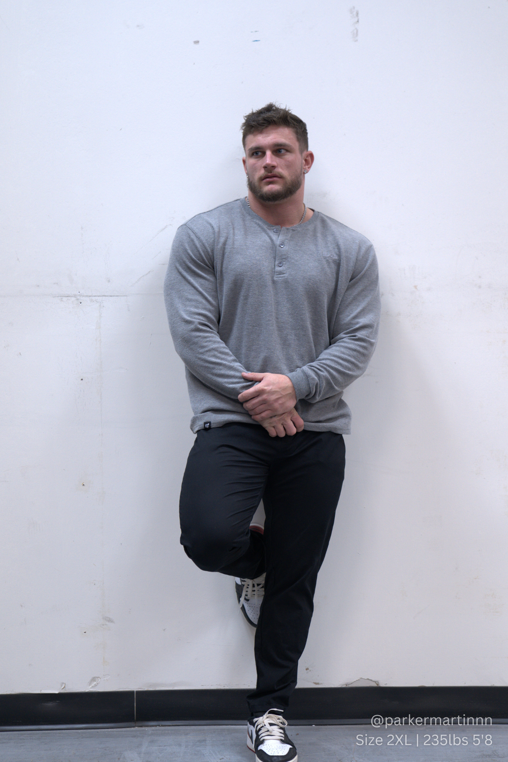 Waffle Knit Henley Long Sleeve T-Shirt - Dark Gray