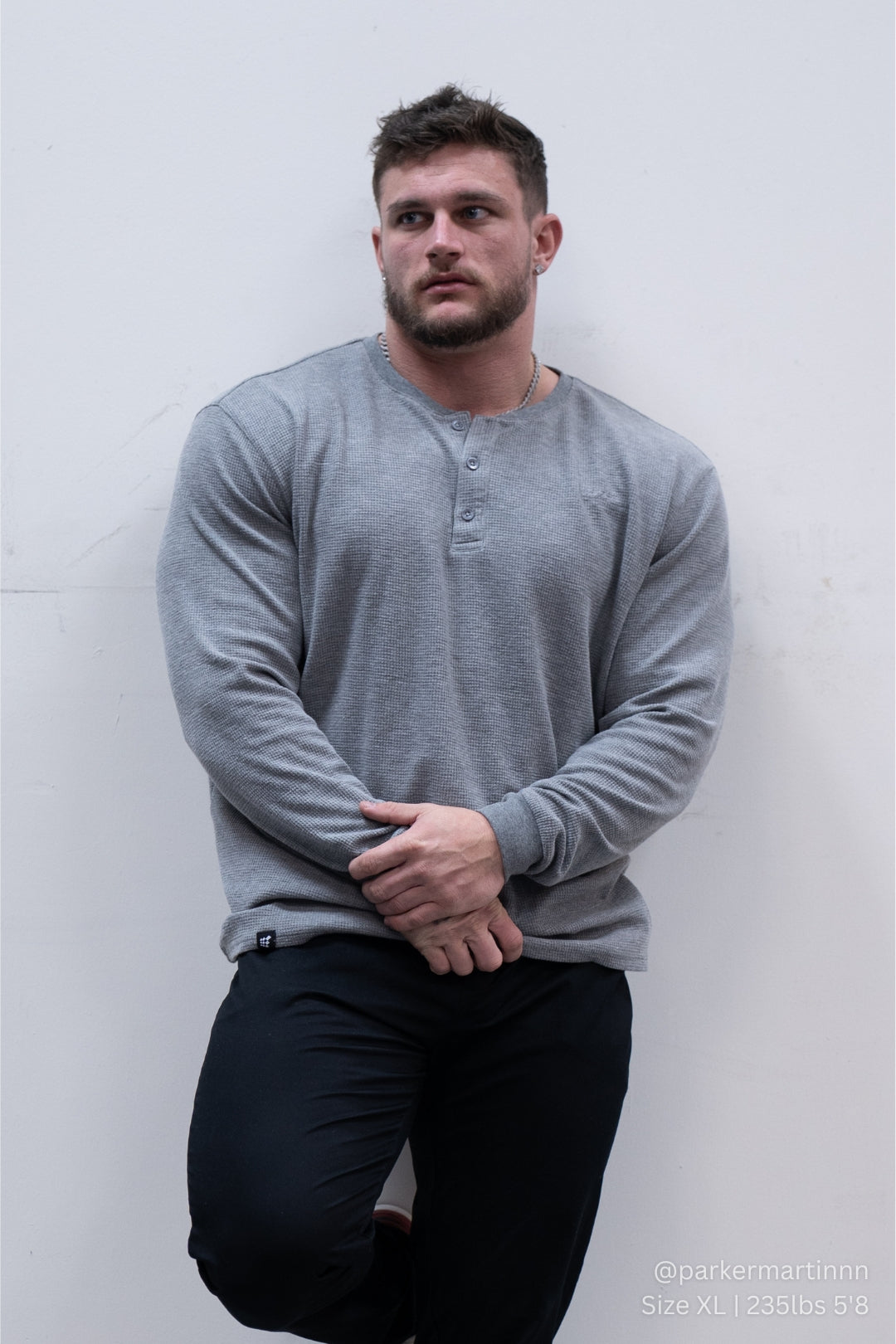 Waffle Knit Henley Long Sleeve T-Shirt - Dark Gray