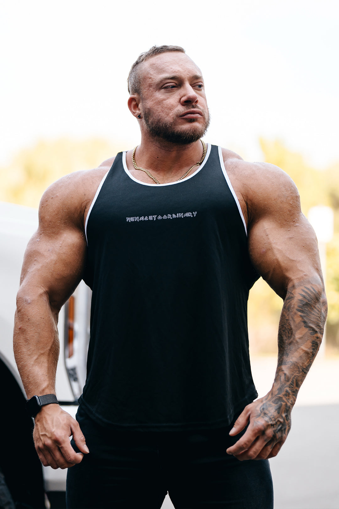 Fast-Dry Bodybuilding Workout Stringer - Black w White Trim