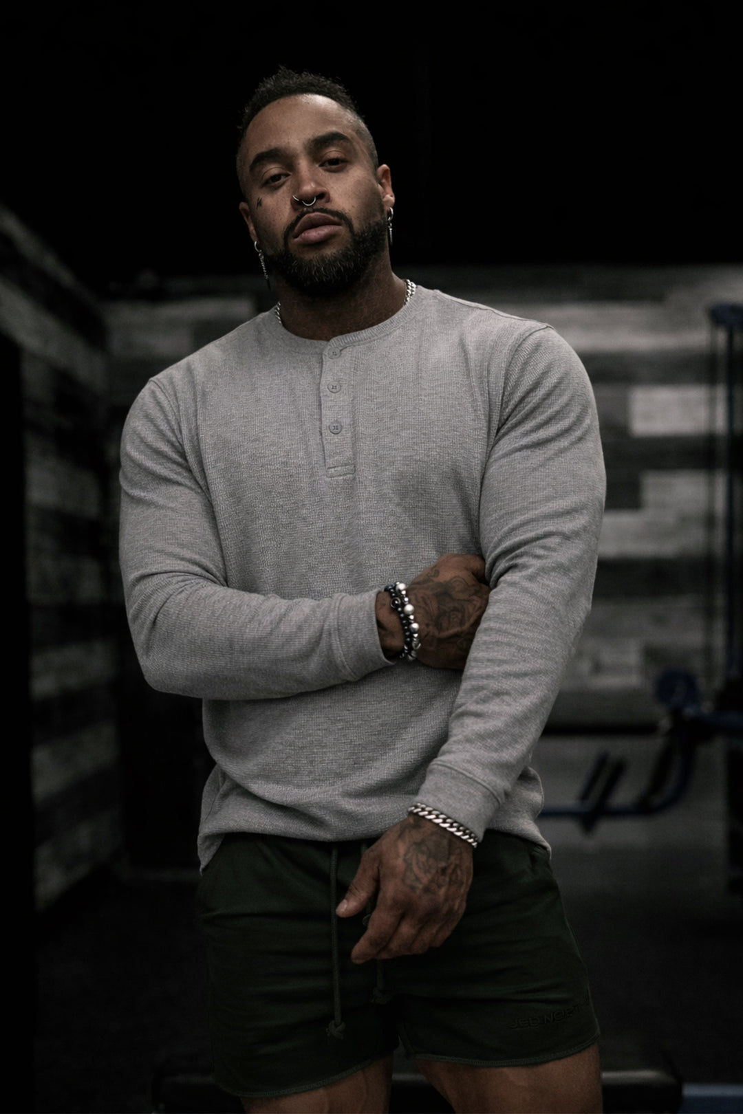 Waffle Knit Henley Long Sleeve T-Shirt - Dark Gray