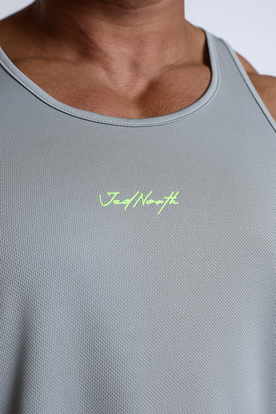 Fast-Dry Bodybuilding Workout Stringer - Light Gray w/ Neon Logo