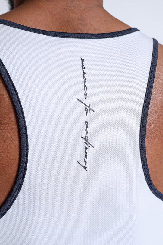 Fast-Dry Bodybuilding Workout Stringer - White w/ Navy Menace