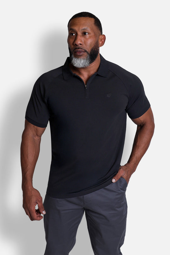Zip-Up Muscle-Fit Collared Tee - Black