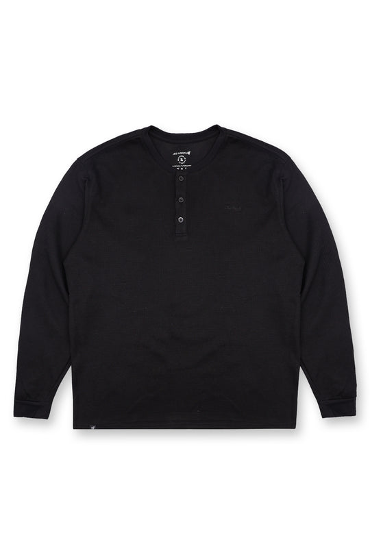 Waffle Knit Henley Long Sleeve T-Shirt - Black
