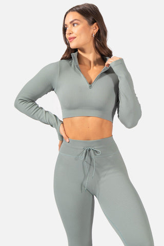 Valentina Seamless Ribbed Long Sleeve Crop Top - Teal - Jed North Canada