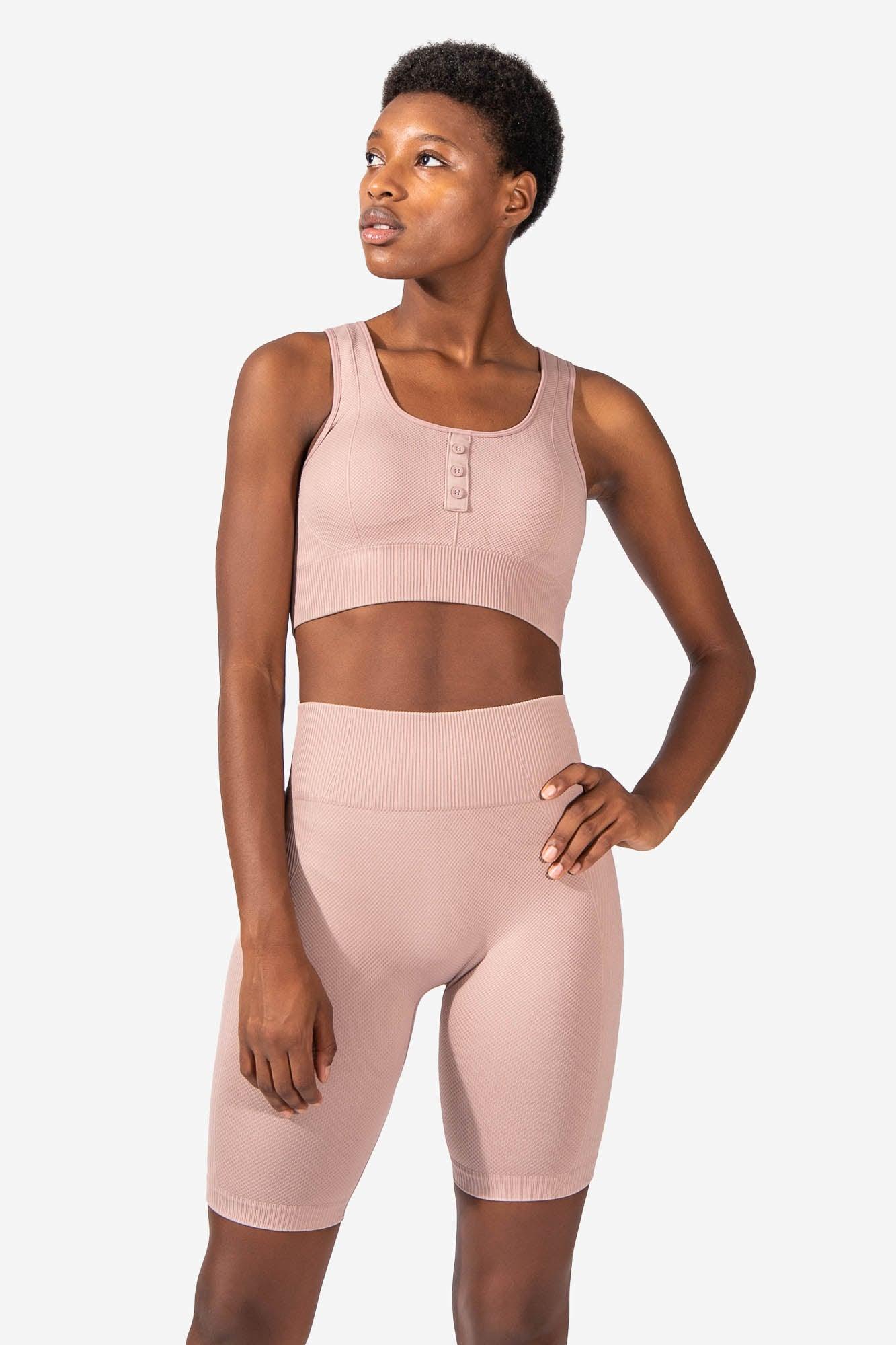 Ribbed Button Detailing Sports Bra  - Nude Pink (6610102452291)