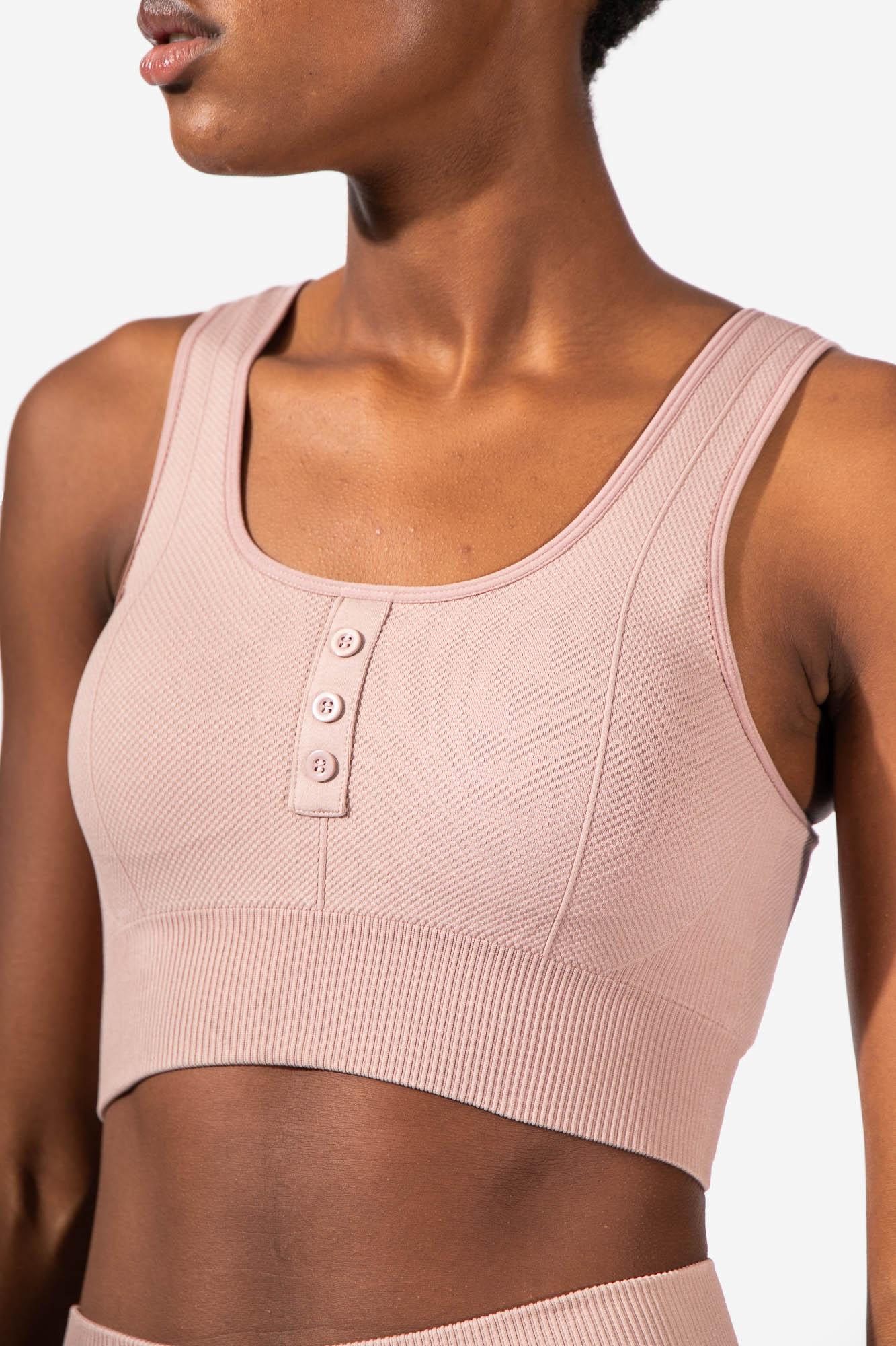 Ribbed Button Detailing Sports Bra  - Nude Pink (6610102452291)