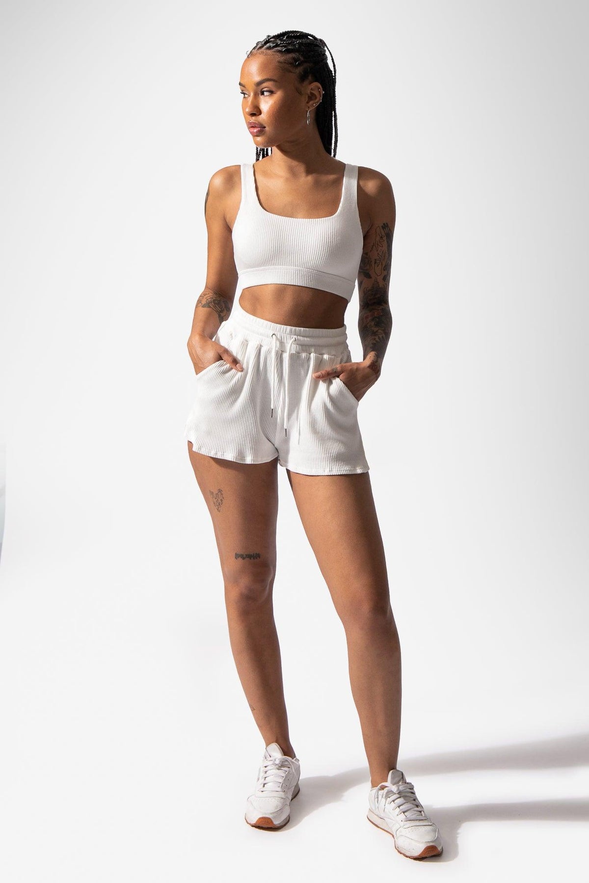 Ribbed Flowy Summer Shorts With Pockets - White (6606484013123)