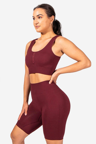Ribbed Button Detailing Sports Bra  - Maroon (6567264288835)