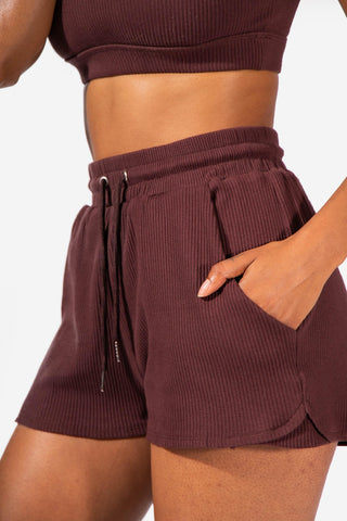 Ribbed Flowy Summer Shorts With Pockets - Brown (6569729196099)