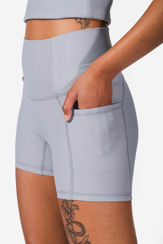 High Waist Side Pocket Ribbed Shorts - Blue (6590475337795)