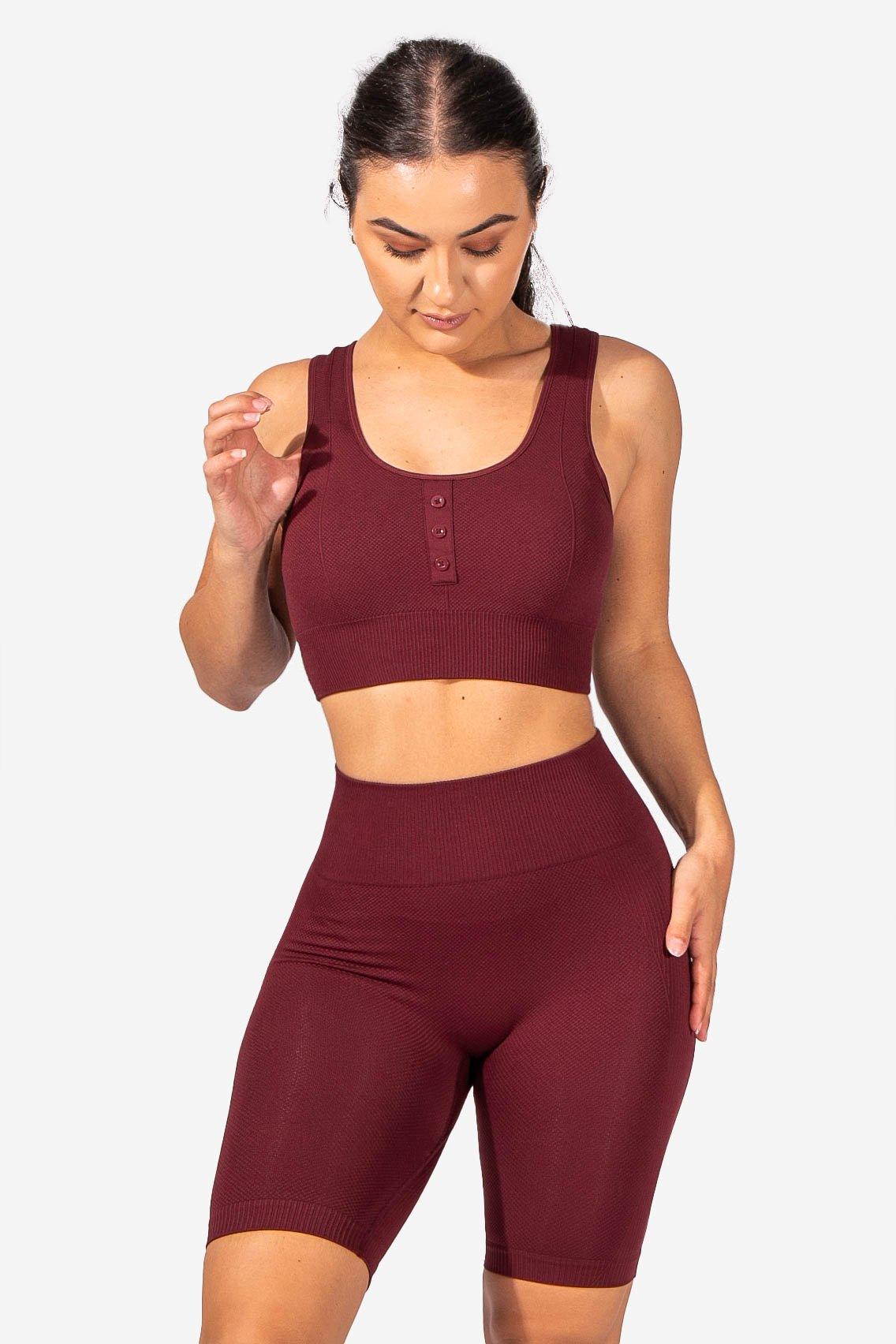 Ribbed Button Detailing Sports Bra  - Maroon (6567264288835)