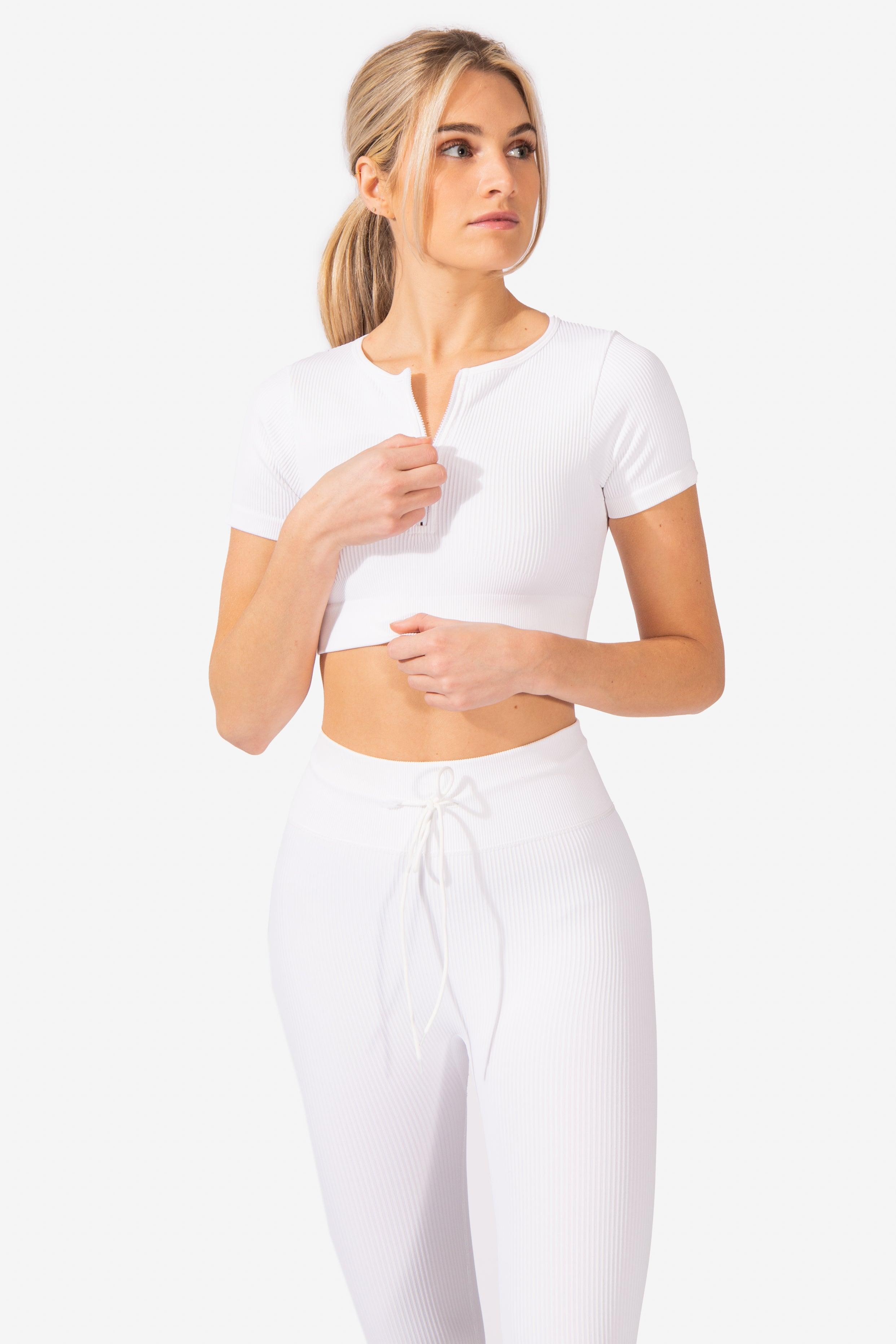 Valentina Seamless Ribbed Short Sleeve Crop Top - White