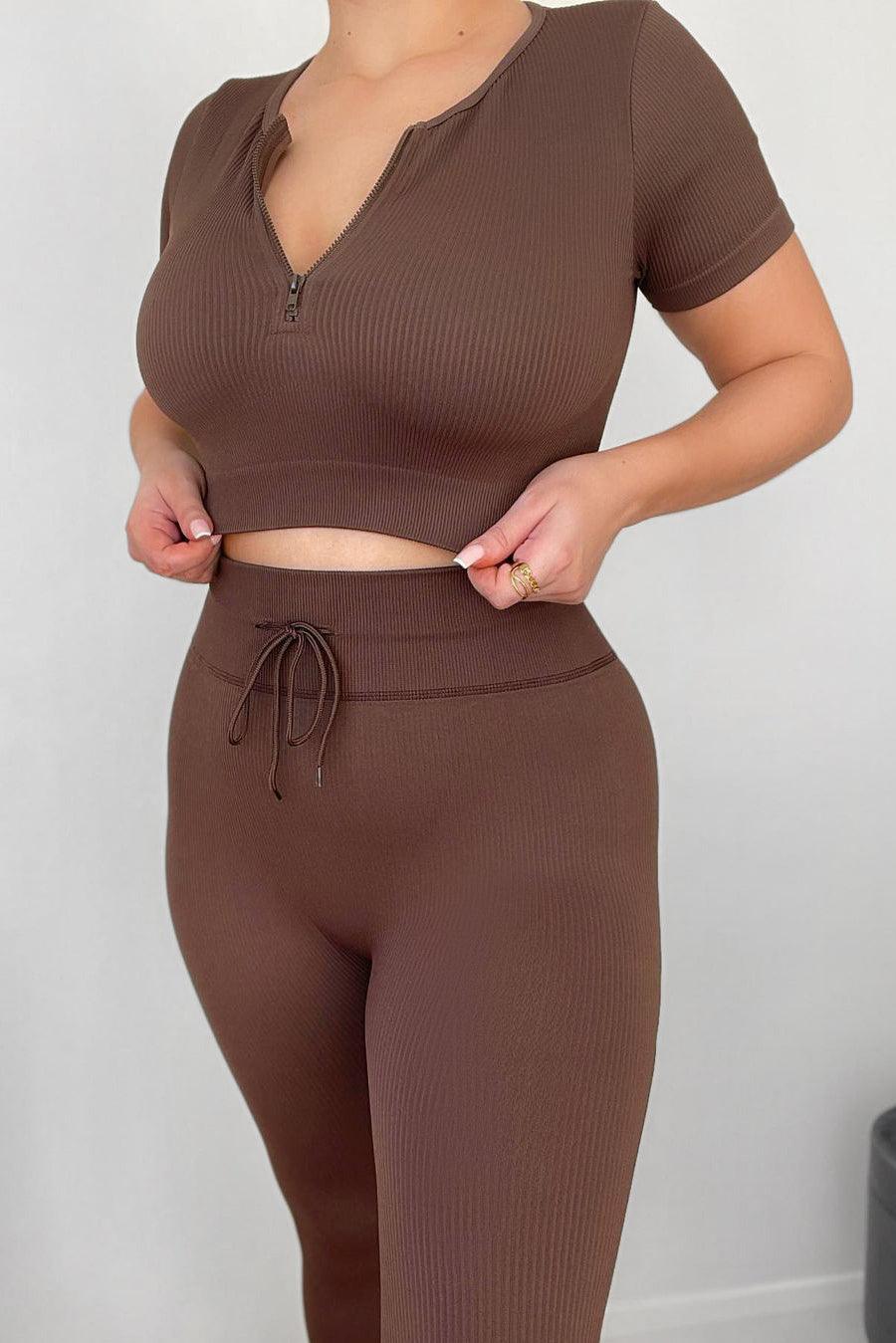 Valentina Seamless Ribbed Short Sleeve Crop Top - Brown - Jed North Canada