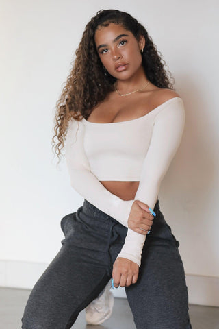 Parallel Square Neck Long Sleeve Crop Top - Cream - Jed North Canada